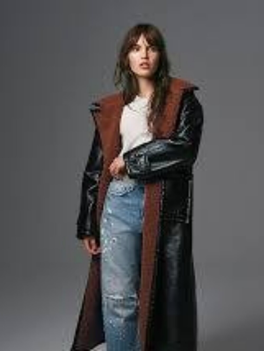 We The Free Long Black Faux-Leather Coat with Brown Sherpa Lining